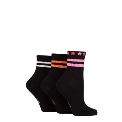 Image of Elle Women&#039;s Half Cushion Socks Soft Breathable Bamboo Material for Sports, Anklet, Plain with Stripes, Size 4 8, Pack of 3 Black Stripe