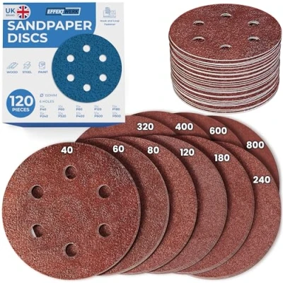 Image of EffektWerk Sanding Discs (120 PK, 6 Holes) 150mm Sandpaper for Random Orbital Sanders Self Adhesive w/Hook &amp; Loop Closure Fine Coarse Grinding w/ 40/60/80/120/180/240/320/400/600/800 Grits