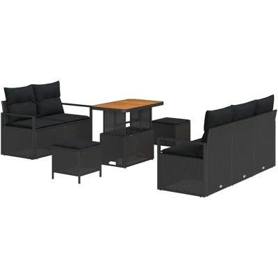 Image of vidaXL 8 Piece Garden Sofa Set with Cushions Black Poly Rattan Acacia