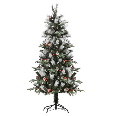 Image of HOMCOM 5FT Artificial Snow Dipped Christmas Tree Xmas Pencil Holiday Home Party Decoration with Foldable Feet Red Berries White Pinecones, Green