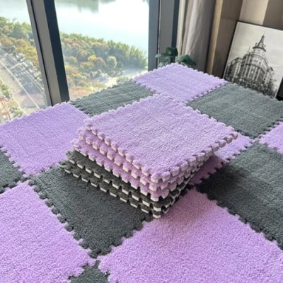 Image of 10Pcs 30x30x1cm Plush Foam Puzzle Area Rug, Soft Interlocking Carpet Mats for Bedroom Livingroom Playroom Gym Yoga,Cuttable Floor Mat (Gery and Purple)
