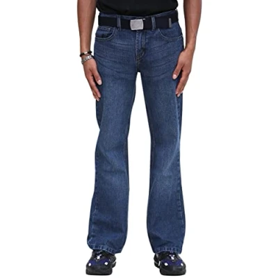 Image of True Face Men&#039;s Bootcut Jeans Straight Leg Regular Fit Denim Trousers, Zip Fly, Flared Stretch Bell Bottom with Multiple Pockets &amp; Free Belt Boot Cut for Men UK Dark Wash 34W / 32L
