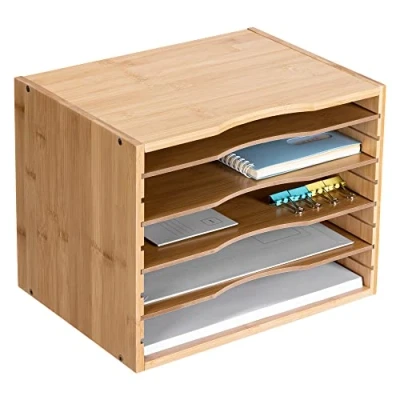 Image of Navaris Bamboo Desk Organiser Desktop File Tray Office Tidy Documents Holder Filing Rack Storage for Papers Stationery Magazines Folders Letters