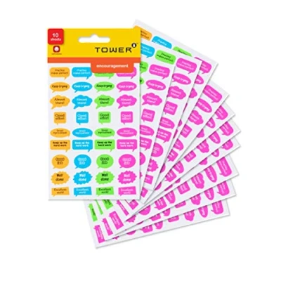 Image of Tower Teachers Encouragement Stickers, Pack of 360 Stickers to Reward, Encourage &amp; Praise Students. Available in Assorted Designs and Bright Neon Colors