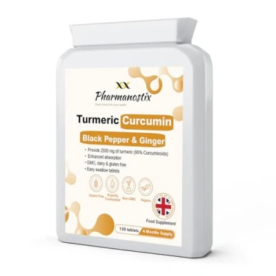 Image of Pharmanostix Turmeric Supplements 2500mg with Black Pepper &amp; Ginger, Curcumin 95%, 120 Tablets, Vegan Gluten Free, UK Manufactured