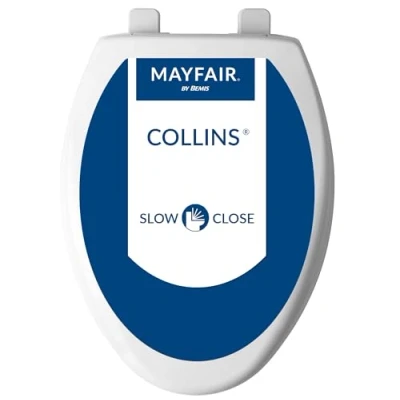 Image of Mayfair 18100SL 000 Collins Slow Close Plastic Toilet Seat That Will Never Loosen, with Super Grip Bumpers, Elongated, Long Lasting Solid Plastic, White