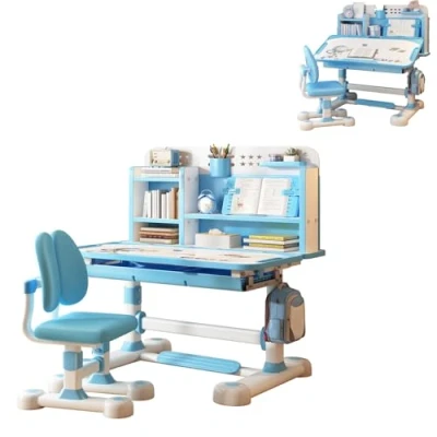Image of yoakaiax Kids Desk and Chair Set, Height Adjustable with Chair, School Study Set Sitting Corrector, Ergonomic Book Stand, Foot Pedal Blue