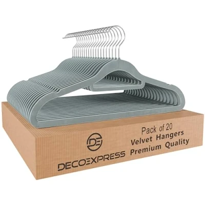 Image of Deco Express Velvet Hangers, Space Saving Non Slip Coat Hangers for Clothes Multipack (Grey, 20 Pack)