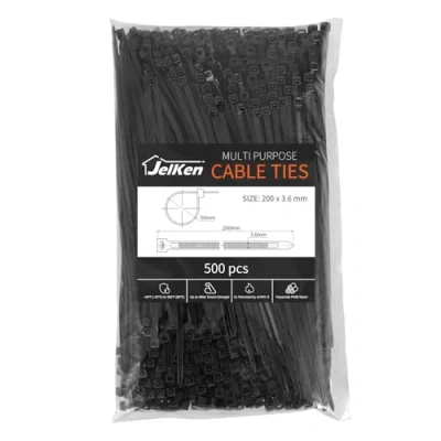 Image of JelKen 500 Pack Black Cable Ties, 200mm x 3.6mm, 8&quot; Nylon Tie Wraps, Self Locking Strong Zip Ties for Home Office and Garden