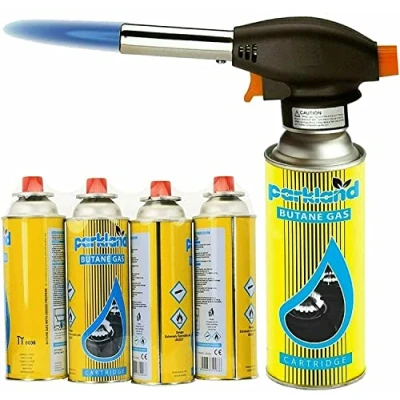Image of Yorkshire Homeware Blow Torch Butane Gas Canister Flamethrower Weed Burner BBQ Camping Cooking Welding Soldering DIY Tool (Blow Head + 4 Cans)