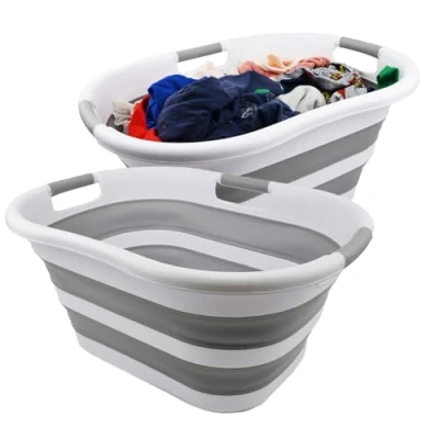 Image of SAMMART 40L Set of 2 Collapsible Plastic Laundry Basket Foldable Pop Up Storage Container/Organizer Portable Washing Tub Space Saving Hamper/Basket (White/Grey)
