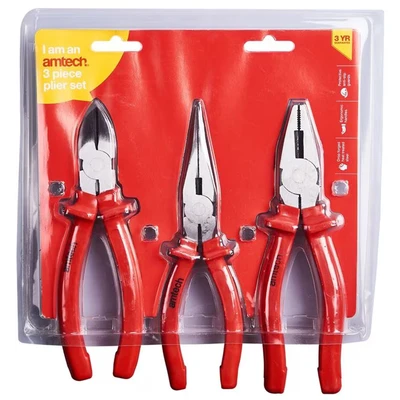 Image of Amtech Set of Pliers for Trimming and Cutting Wires, Cables, Rubber, Home DIY, Durable Drop Forged Steel, Easy to Use with Anti Slip Handles (3 Piece)