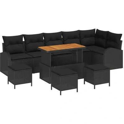 Image of vidaXL 10 Piece Garden Sofa Set with Cushions Black Poly Rattan Acacia
