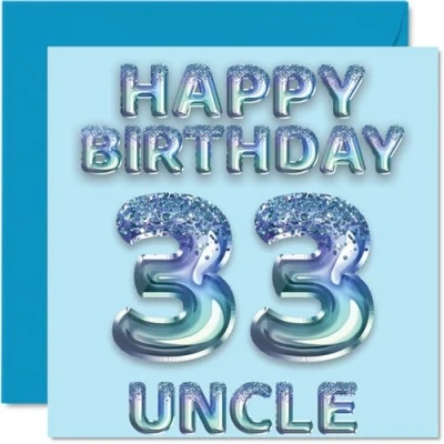 Image of 33rd Birthday Card for Uncle Blue Glitter Party Balloons Happy Cards 33 Year Old from Nephew Niece, 145mm x Bday Greeting Gift