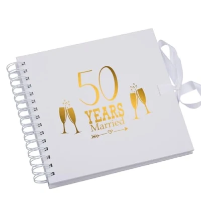 Image of 50th Golden Anniversary White Scrapbook Guest Book Photo Album Gold Script