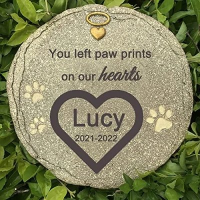 Image of CUDMORERBE Engraved Pet Memorial Garden Stone, Personalized Grave Marker Tombstone Stone with Sympathy Poem You Left Paw Prints On Our Hearts.