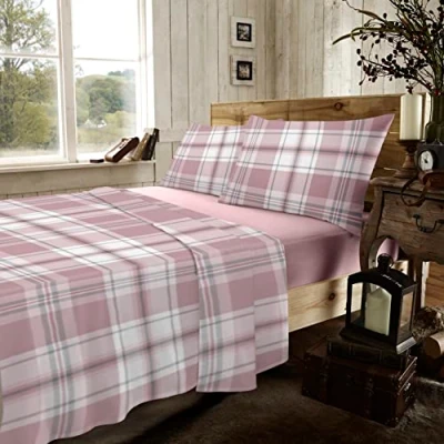 Image of GC GAVENO CAVAILIA Bed Sheet Set King Size Fitted With Pillowcases, 100% Brushed Cotton Flat, 4 Piece Bedding, Blush Pink, 735229