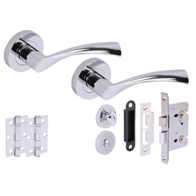 Image of HANDLEZONE® Lobo Door Handles on Rose Bathroom Lock Pack with 75mm Ball Bearing Hinges and 76mm Polished Chrome