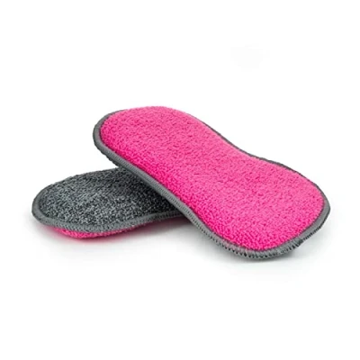 Image of 2 Microfibre Sponge Scourer Kitchen Cleaning Pads Non Scratch Dual Side Scrubber