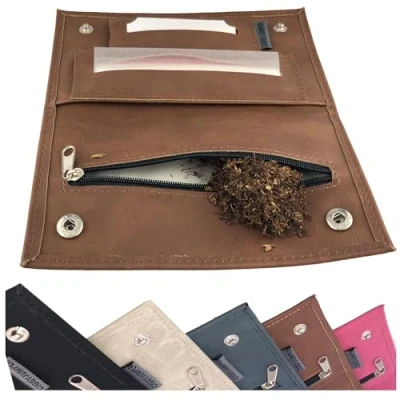 Image of Ciggy Jumper Tobacco Bag Pouch in Premium Used Leather Style with Double or Long Papers Compartment, Rollies Filter Holde, cognac