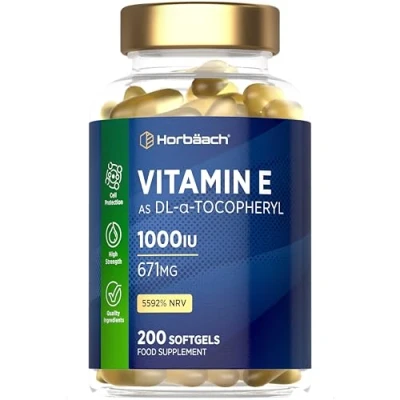 Image of Vitamin E Capsules 1000iu 200 Count High Strength as DL Alpha Tocopheryl Acetate No Artificial Preservatives by Horbaach