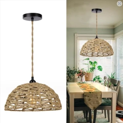 Image of GUANSHAN Handmade Woven Cotton Rope Pendant Lamp Natural Style Pendent Light Creative Semicircle Hanging Decorative Chandelier for Living Room, Dinning Room