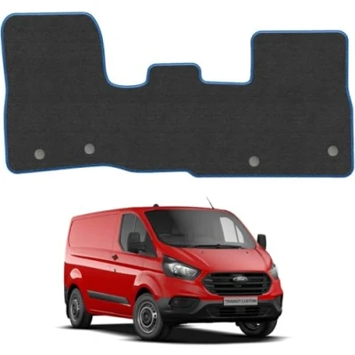 Image of Carpet Floor Mats for the Ford Transit Custom (2013 2024 GEN1) [Only suitable manual gearbox] Van Accessory Tailored fit, Granulated Anti Slip Layer &amp; Blue Binding