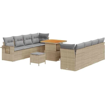 Image of vidaXL 11 Piece Garden Sofa Set with Cushions Beige Poly Rattan Acacia