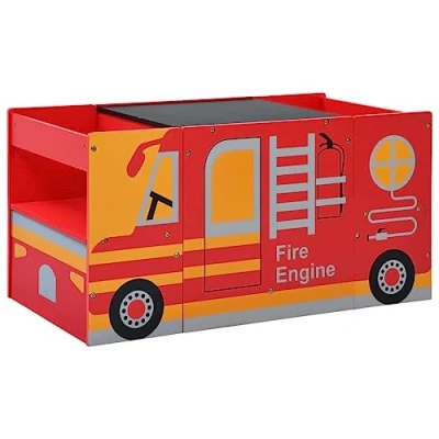Image of vidaXL 3 Piece Kids Chair and Table Set Fire Truck Design, Durable MDF Pinewood, Blackboard Top Table, In built Storage Shelf, Easy to Assemble Red Black