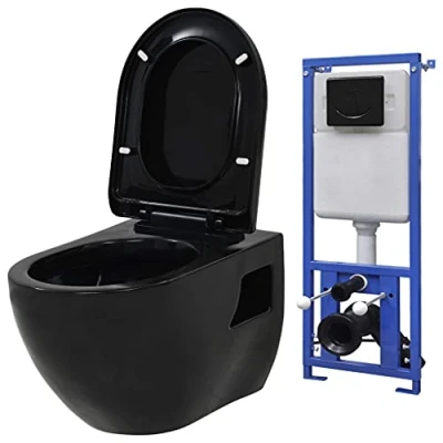 Image of vidaXL Wall Hung Toilet with Water Tank Plumbing Fixtures Bathroom Black WC Pan Soft Close Seat Ceramic Concealed Saving Cistern Floor Fix Kit