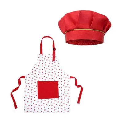 Image of FFDHWU 1 Piece Strawberry Kids Apron With Chef Hat, Anti Stain Apron, Halter Neck Pockets, Kitchen Baking Cooking Set