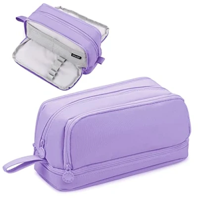 Image of Tesmien Pencil Case, Large Case with 4 Compartments Stationery Organizer for Boys and Girls, Aesthetic Bag Suitable Kids Teenagers Students Women Men, Purple