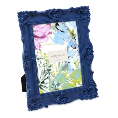 Image of Laura Ashley Ornate Textured Hand Crafted Resin Picture Frame with Easel &amp; Hook for Tabletop Wall Display, Decorative Floral Design Home Décor, Photo Gallery, Art, More (5x7, Navy)