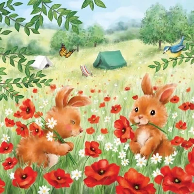 Image of Ambiente 20 Napkins Animal Motifs Rabbits in Poppy Field as Table Decoration Paper with Motif Also for Decoupage and 33 x cm
