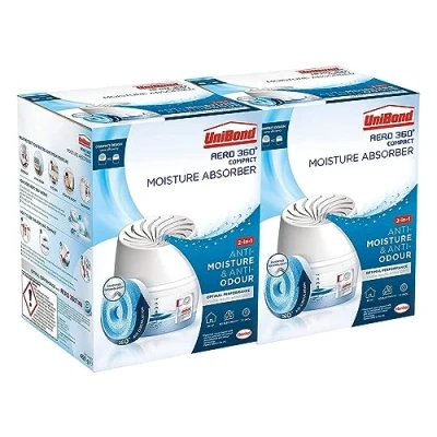 Image of Unibond AERO 360 Compact Moisture Absorber Ultra Absorbent Dehumidifier Helps to Prevent Condensation Mould and Musty Smells, 1 Device incl. Refill Tab 450g in each box, Bulk Buy 2 Pack
