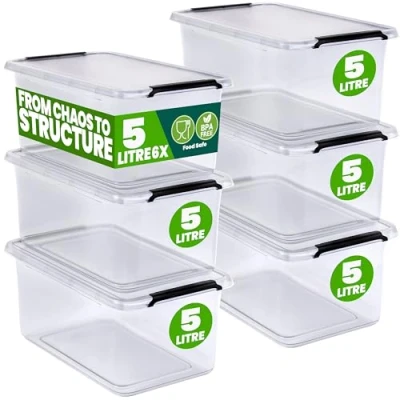 Image of Deuba® 6x 5 Litre Storage Box With Click Closure Secure Lid BPA Free Food Safe Plastic Medium Stackable Transparent Organiser for Kitchen Bedroom Garage Office