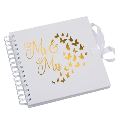 Image of Mr and Mrs Wedding White Scrapbook Guest Book Photo Album Gold Script Butterfly Design