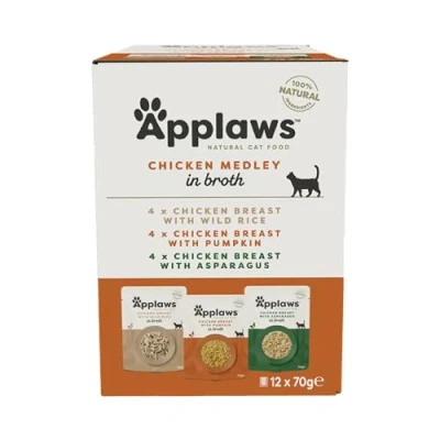 Image of Applaws 100% Natural Wet Cat Food, Pouch Multipack Chicken Selection in Broth 70g, (12 x 70 g Pouches)