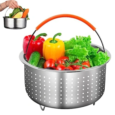Image of KARBAG Steamer Basket for Instant Pot, Stainless Steel Insert Vegetable Multifunctional Pressure Cooker Accessories with Silicone Handle Steaming Vegetables Corn Eggs 3qt