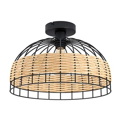 Image of EGLO Anwick Ceiling Light, 1 Bulb Vintage, Boho, Living Room Lamp Made of Steel and Rattan in Black, Natural, Kitchen Lamp, Hallway with E27 Socket