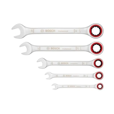 Image of Bosch Professional Ratchet Spanners Set (5 Pieces, Standard Sizes 8mm 19mm, Chrome Vanadium Steel, in Folding Canvas Bag)