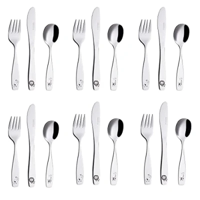 Image of Exzact Childrens Cutlery Set 18pcs Stainless Steel 18/10 Kids Cutlery/Toddler Utensils/Flatware 6 x Forks, Safe Dinner Knives, Spoons Safari