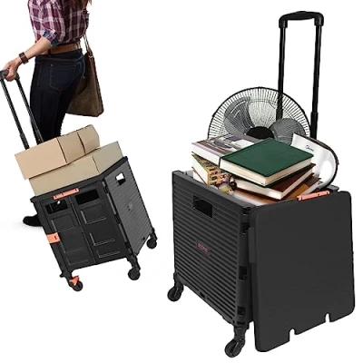 Image of Foldable Shopping Trolley Wheel Box, Foldaway Trolley, Folding Boot Cart Telescopic Adjustment Handle with Lid Wear Resistant Noiseless 360Rotate 50KG/110LBS Load Capacity Portable Box