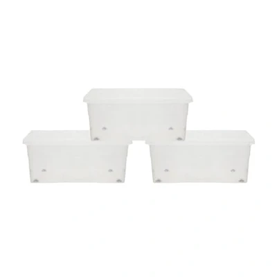 Image of simpa 45 Litre 45L Stackable Plastic Wheeled Storage Box with Clear Lids 25cm (H) x 60cm (L) 40cm (W) Set of 3 Boxes