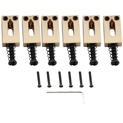 Image of Musiclily Pro 10.8mm Modern Style Zinc Alloy Bridge Saddles for Import Strat Tele Electric Guitar, Gold (Set of 6)