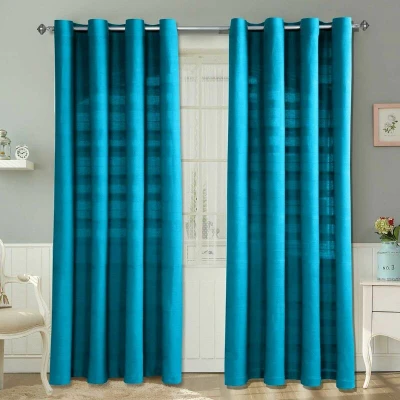 Image of HOMESCAPES Teal Rajput Eyelet Curtain Pair 137cm (54&quot;) Wide x Drop 100% Cotton Ring Top Plain Curtains