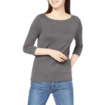 Image of Amazon Essentials Women&#039;s Slim Fit 3/4 Sleeve Solid Boat Neck T Shirt, Charcoal Heather, S