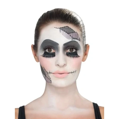 Image of Smiffys Make Up FX, Damaged Doll Kit, Aqua, Black Transfers, Facepaint, Lashes, Sponge &amp; Brush, Cosmetics and Disguises Fancy Dress, Dress Disguises.