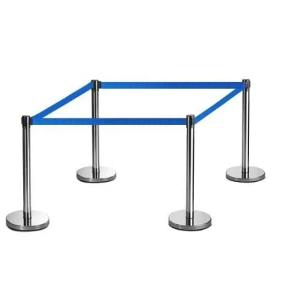 Image of 4X Set of FLEXIBARRIER Belt Stanchion (Silver Finish) with 2m Retractable Ecoline Blue Belt, Barrier Post, Crowd Control Barriers …