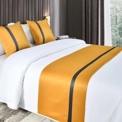 Image of QRGMKL Silky Soft Bed Runners and Matching Cushions Solid Color Scarf Runner for Foot of Contrast Bedspread Hotel Bedding Protector Gold210X50cm 1.5m
